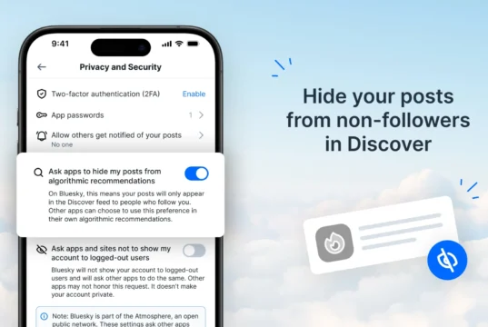 Instructional image titled "Hide your posts from non-followers in Discover" accompanied by a screenshot of the "privacy and security" options from the Bluesky settings menu. "Ask apps to hide my posts from algorithmic recommendations" is toggled to the "on" state.