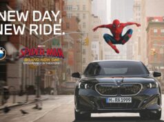 BMW sedan with Spider-Man Brand New Day partnership promotional art