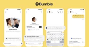 Official Bumble chat screens showing anyone can send the first message