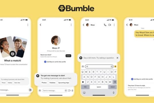 Official Bumble chat screens showing anyone can send the first message