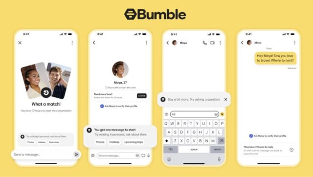 bumble-first-message-official Official Bumble chat screens showing anyone can send the first message