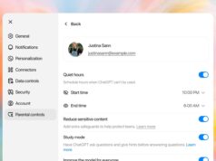 ChatGPT parental controls showing Quiet Hours and Study Mode