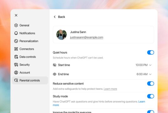 ChatGPT parental controls showing Quiet Hours and Study Mode