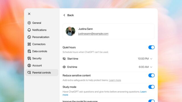 ChatGPT parental controls showing Quiet Hours and Study Mode