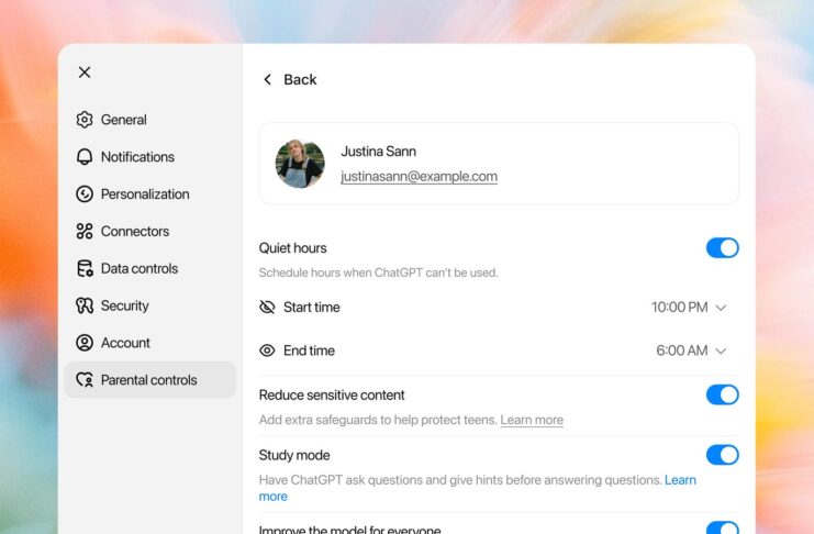 ChatGPT parental controls showing Quiet Hours and Study Mode