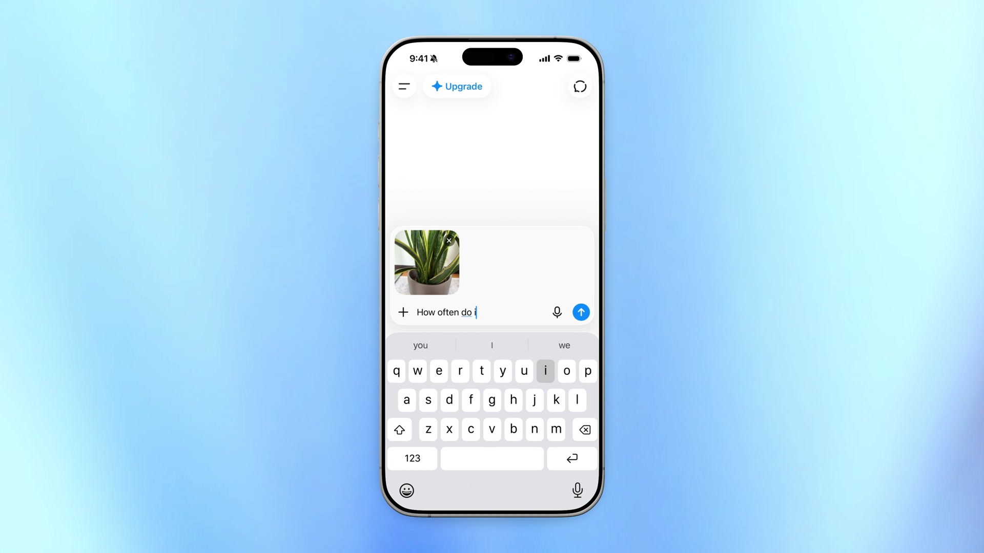 ChatGPT iPhone composer with a recent plant photo attached after the long-press shortcut