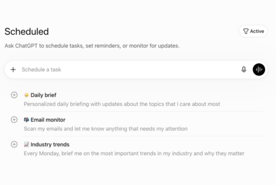 ChatGPT's Scheduled page listing active scheduled tasks with their next run times