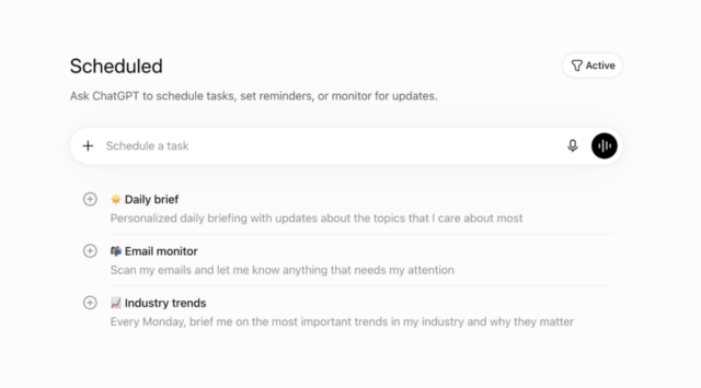 chatgpt-scheduled-page ChatGPT's Scheduled page listing active scheduled tasks with their next run times