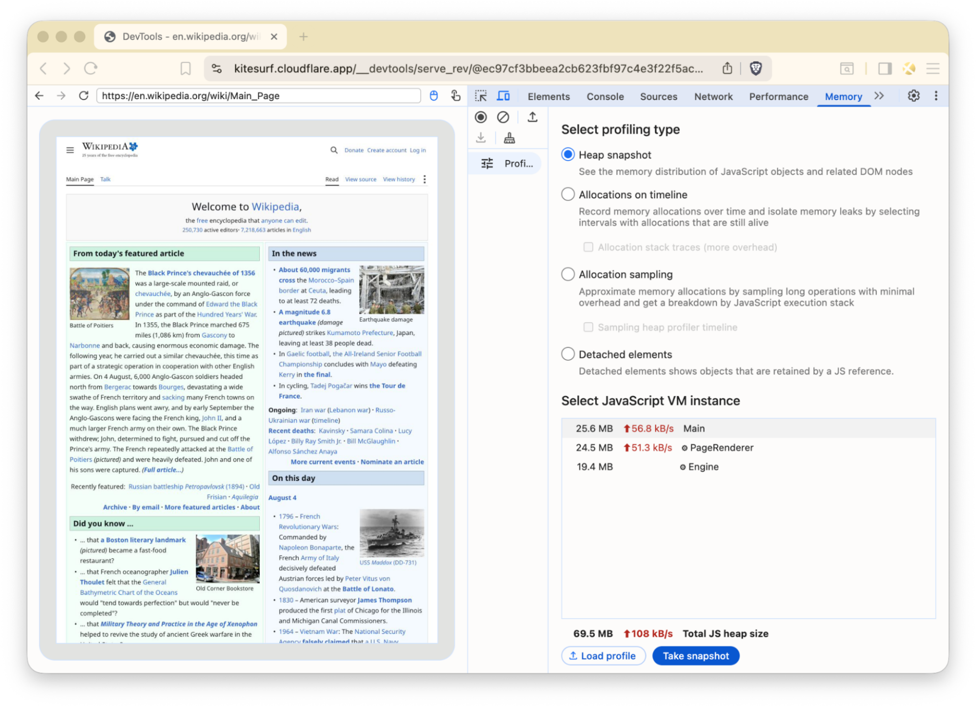 Cloudflare Kitesurf playground with Chrome DevTools memory panel