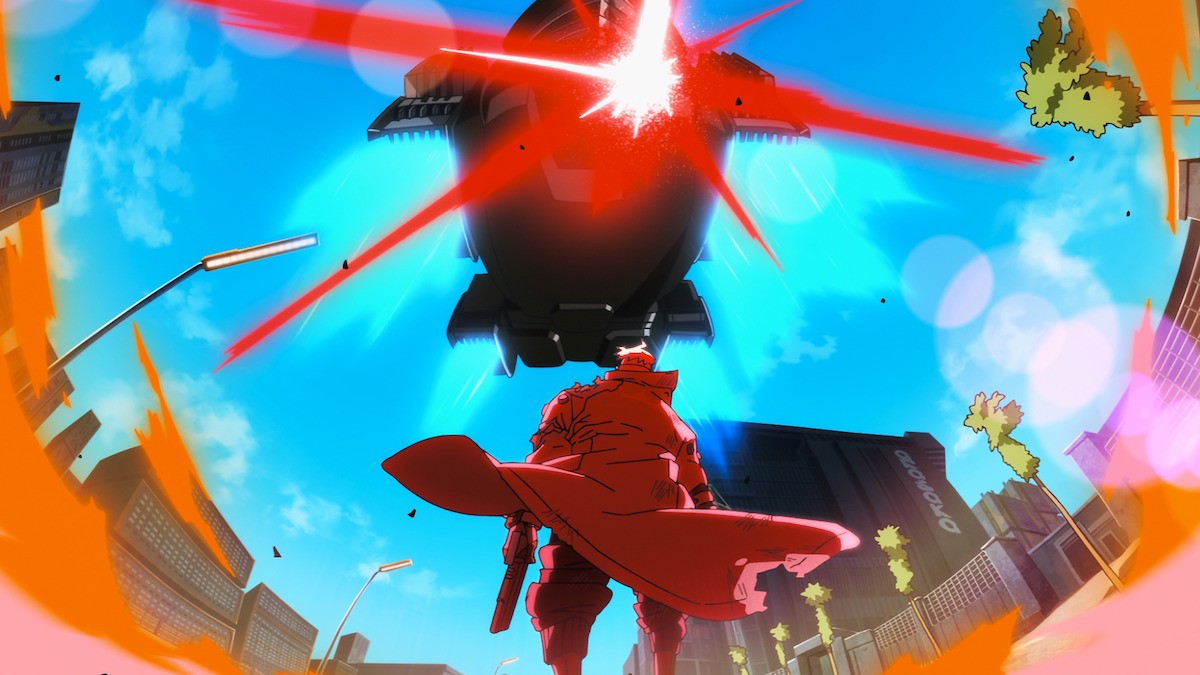 Red-coated Cyberpunk Edgerunners 2 figure facing a descending aircraft over Night City