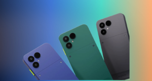Fairphone Gen 6+ phones in Cobalt Blue, Forest Green, and Horizon Black on a colorful background