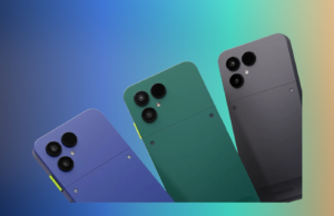 Fairphone Gen 6+ phones in Cobalt Blue, Forest Green, and Horizon Black on a colorful background