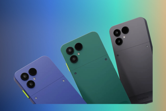 Fairphone Gen 6+ phones in Cobalt Blue, Forest Green, and Horizon Black on a colorful background
