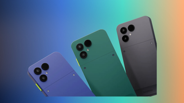 Fairphone Gen 6+ phones in Cobalt Blue, Forest Green, and Horizon Black on a colorful background