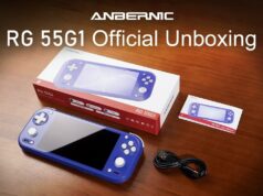 Anbernic RG 55G1 Sale Starts August 31 Indigo Anbernic RG 55G1 on a wood table with retail box, user manual, and USB cable