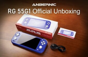 Anbernic RG 55G1 Sale Starts August 31 Indigo Anbernic RG 55G1 on a wood table with retail box, user manual, and USB cable