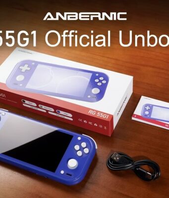 Anbernic RG 55G1 Sale Starts August 31 Indigo Anbernic RG 55G1 on a wood table with retail box, user manual, and USB cable