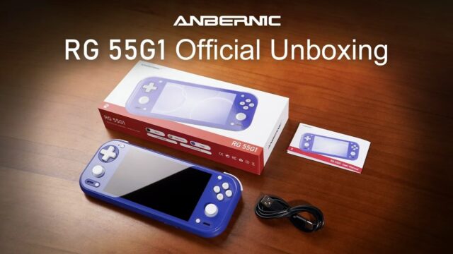featured-anbernic-rg-55g1 Indigo Anbernic RG 55G1 on a wood table with retail box, user manual, and USB cable