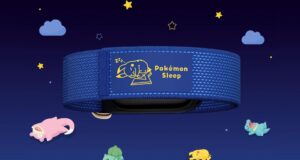 Blue Fitbit Air band with a sleeping Pikachu silk-print label among cartoon sleeping Pokemon on a night-sky backdrop