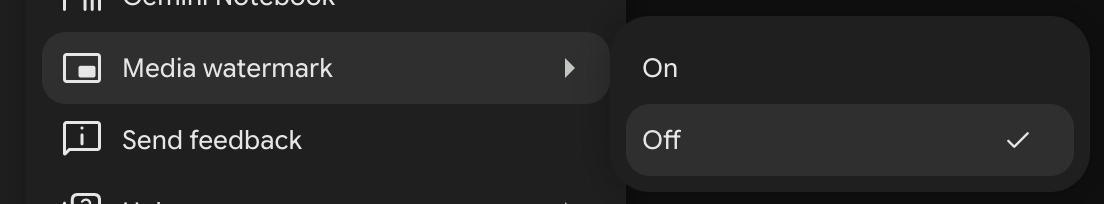 Gemini Media watermark setting with the Show watermark control set to Off