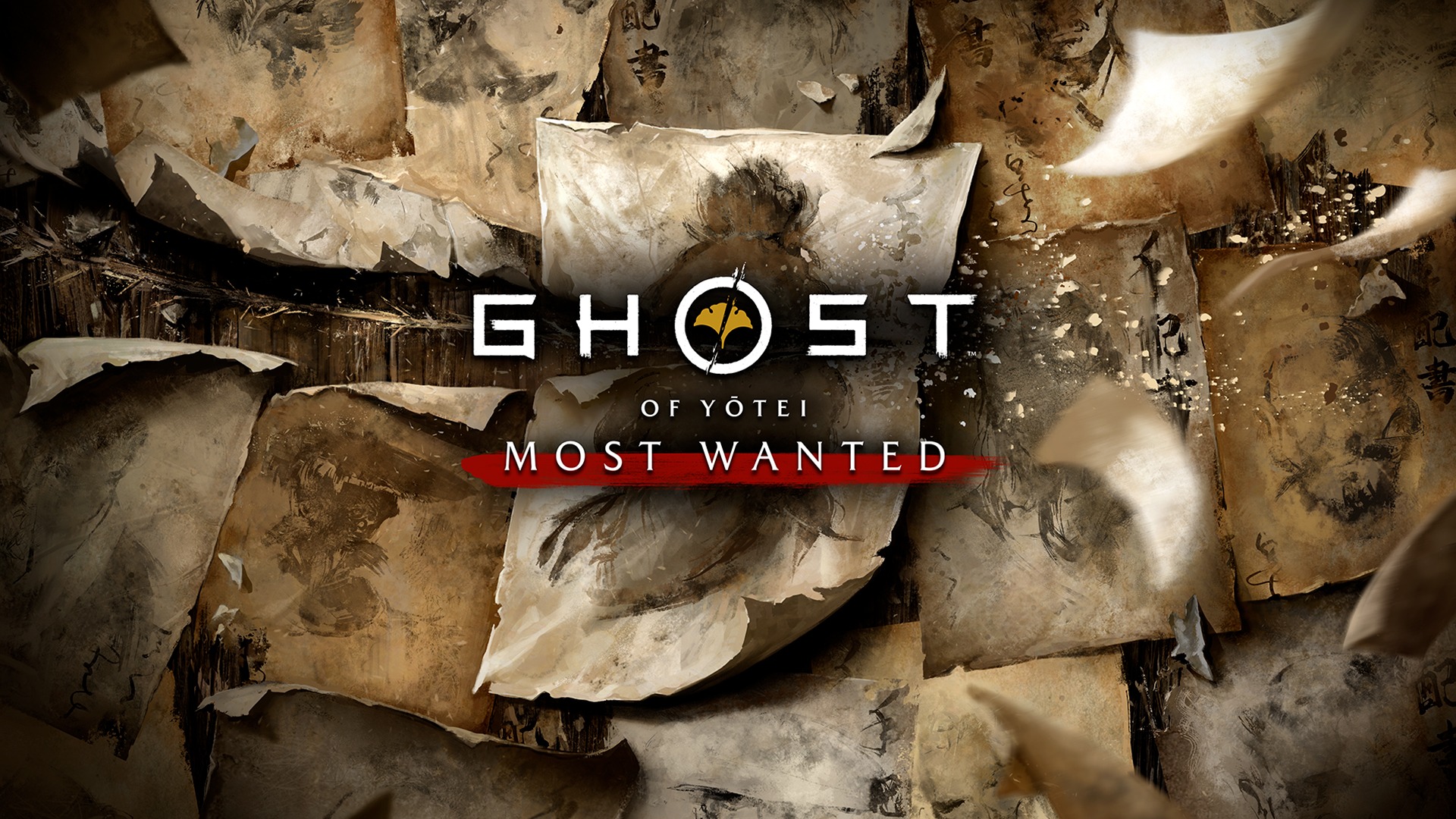 Official Ghost of Yotei Most Wanted key art with bounty papers and the Most Wanted logo