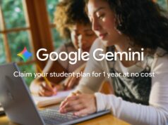 Two students at a laptop under a Google Gemini overlay about a one-year student plan