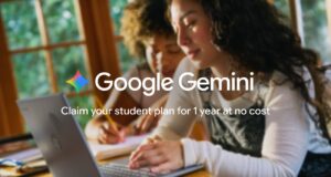 Two students at a laptop under a Google Gemini overlay about a one-year student plan