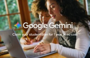 Two students at a laptop under a Google Gemini overlay about a one-year student plan