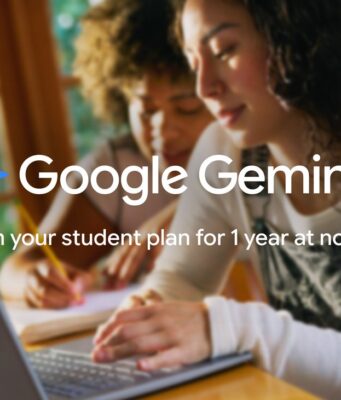 Google AI Pro Is Free for a Year for US Students Two students at a laptop under a Google Gemini overlay about a one-year student plan