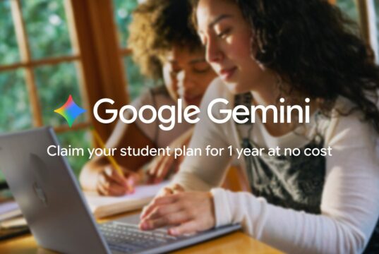 Two students at a laptop under a Google Gemini overlay about a one-year student plan