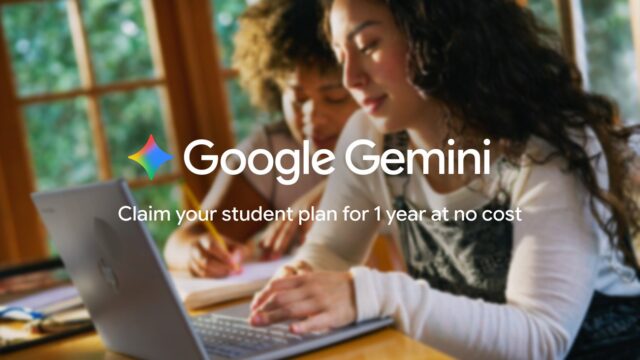 google-ai-pro-student-hero Two students at a laptop under a Google Gemini overlay about a one-year student plan