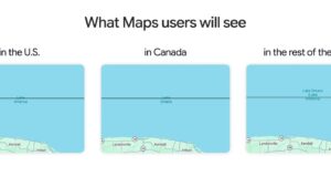 Three Google Maps panels labeled Lake America in the US, Lake Ontario in Canada, and both names for the rest of the world
