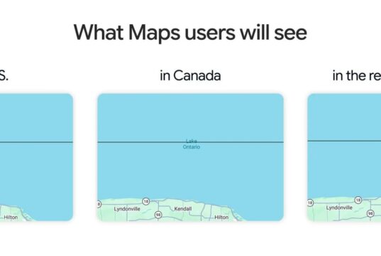 Three Google Maps panels labeled Lake America in the US, Lake Ontario in Canada, and both names for the rest of the world