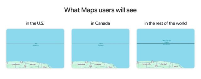 Three Google Maps panels labeled Lake America in the US, Lake Ontario in Canada, and both names for the rest of the world