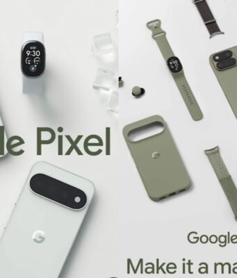 Google Pixel ads showing an unannounced oblong fitness tracker with a screen next to Pixel 11 phones