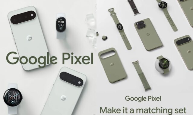 google-pixel-11-ads-mystery-tracker Google Pixel ads showing an unannounced oblong fitness tracker with a screen next to Pixel 11 phones