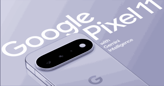 Google Pixel 11 in lavender with camera bar and Google Pixel 11 wordmark