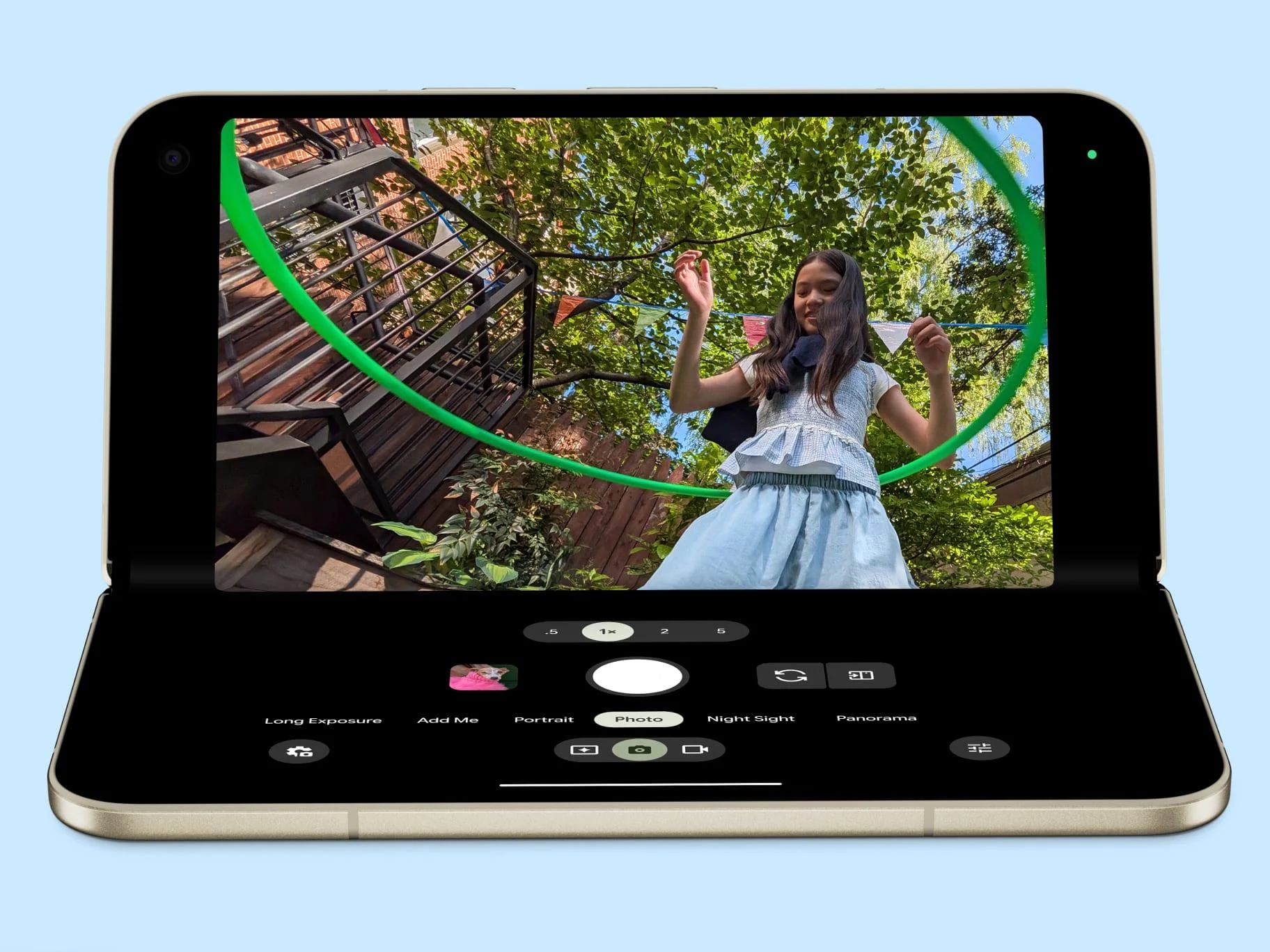 Google Pixel 11 Pro Fold in tabletop mode using its camera for a selfie