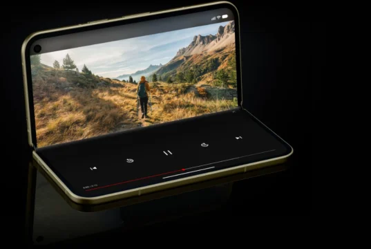 Google Pixel 11 Pro Fold in tabletop mode with a video playing on the inner display