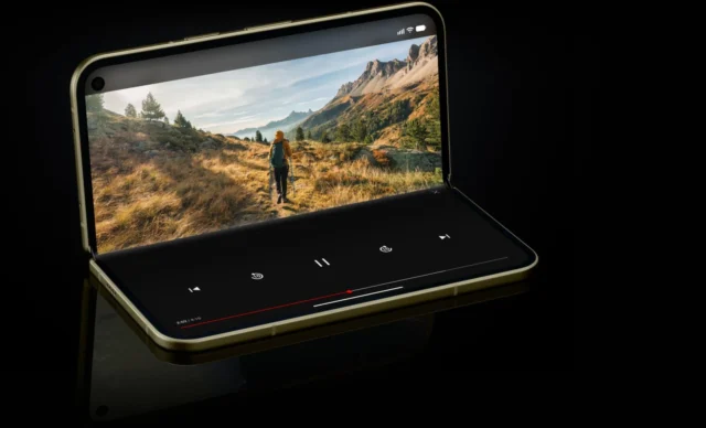 google-pixel-11-pro-fold-tabletop-display Google Pixel 11 Pro Fold in tabletop mode with a video playing on the inner display