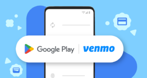 Venmo on Google Play: Google Play and Venmo logos over a phone payment screen