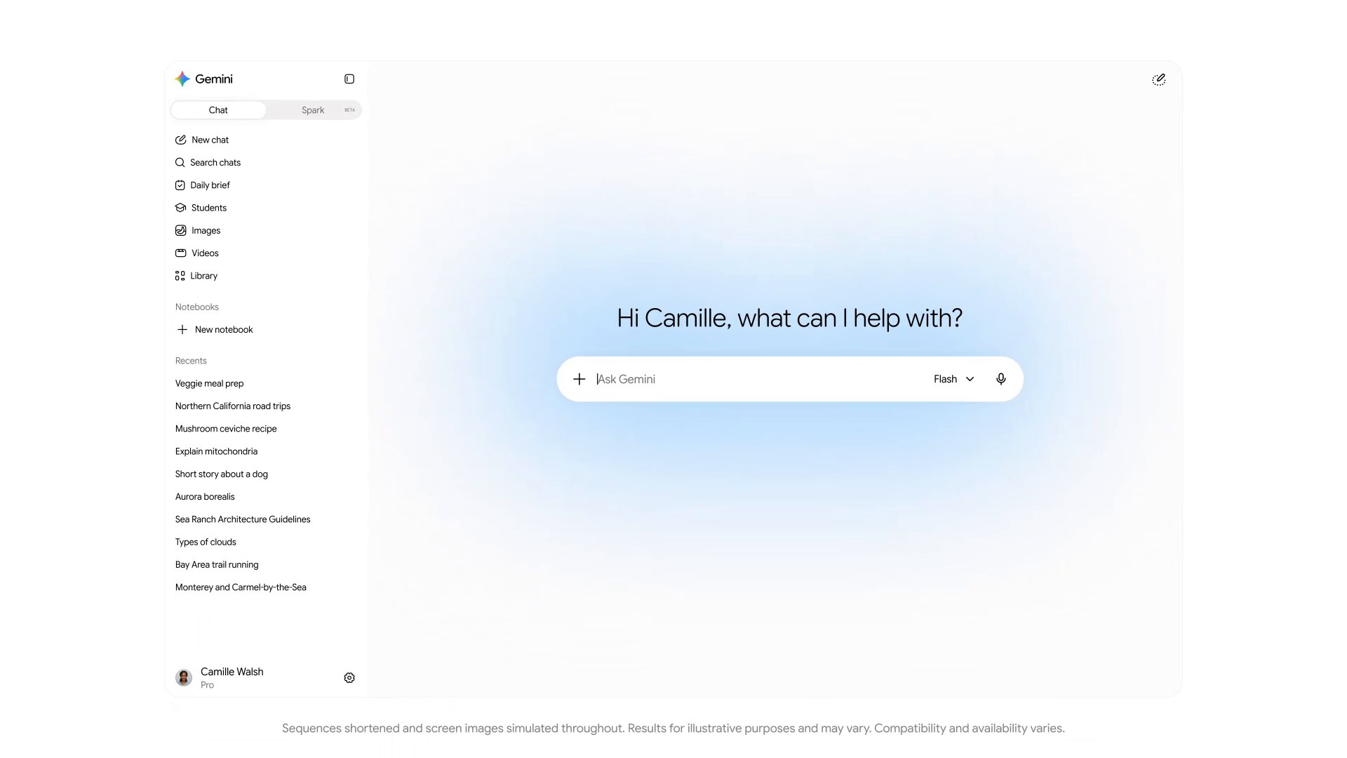 Gemini app with a Students item in the sidebar and a Pro account on the student hub demo