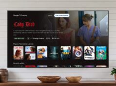 Google TV Freeplay Adds 10,000 Free On-Demand Movies and Shows Google TV Freeplay Free movies and shows tab highlighting Lady Bird on a living-room TV