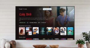 Google TV Freeplay Free movies and shows tab highlighting Lady Bird on a living-room TV