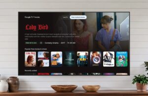 Google TV Freeplay Adds 10,000 Free On-Demand Movies and Shows Google TV Freeplay Free movies and shows tab highlighting Lady Bird on a living-room TV