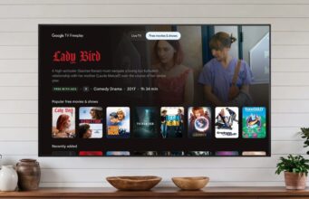 Google TV Freeplay Adds 10,000 Free On-Demand Movies and Shows Google TV Freeplay Free movies and shows tab highlighting Lady Bird on a living-room TV
