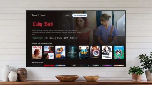 google-tv-freeplay-vod Google TV Freeplay Free movies and shows tab highlighting Lady Bird on a living-room TV