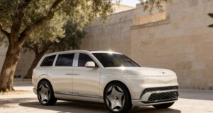 Genesis GV90 Neolun Flagship EV SUV Debuts With Coach Doors Cream Genesis GV90 three-quarter front view beside a stone wall and olive tree