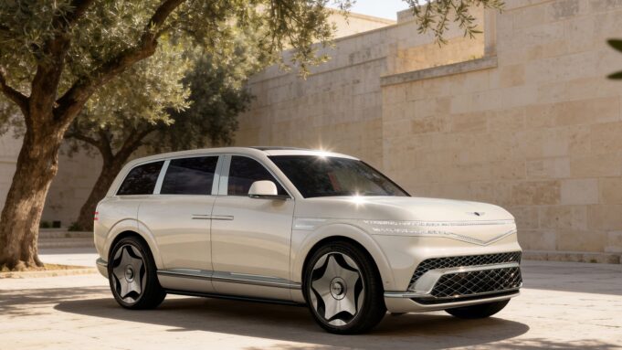 Genesis GV90 Neolun Flagship EV SUV Debuts With Coach Doors Cream Genesis GV90 three-quarter front view beside a stone wall and olive tree