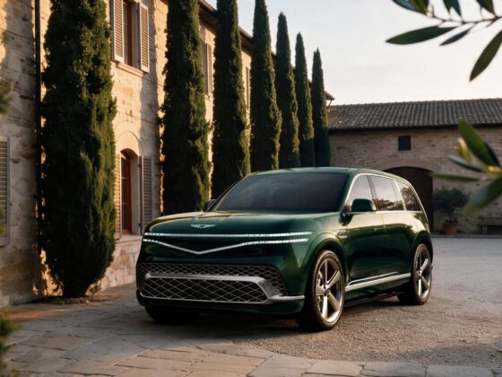 Green Genesis GV90 three-quarter front view on a stone courtyard